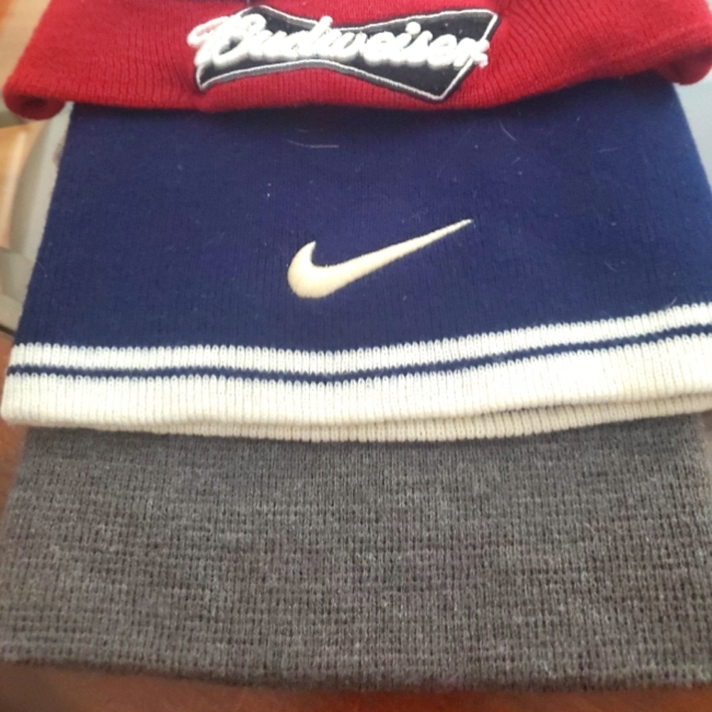 3 Beanies, Bud, Nike, Plain Grey